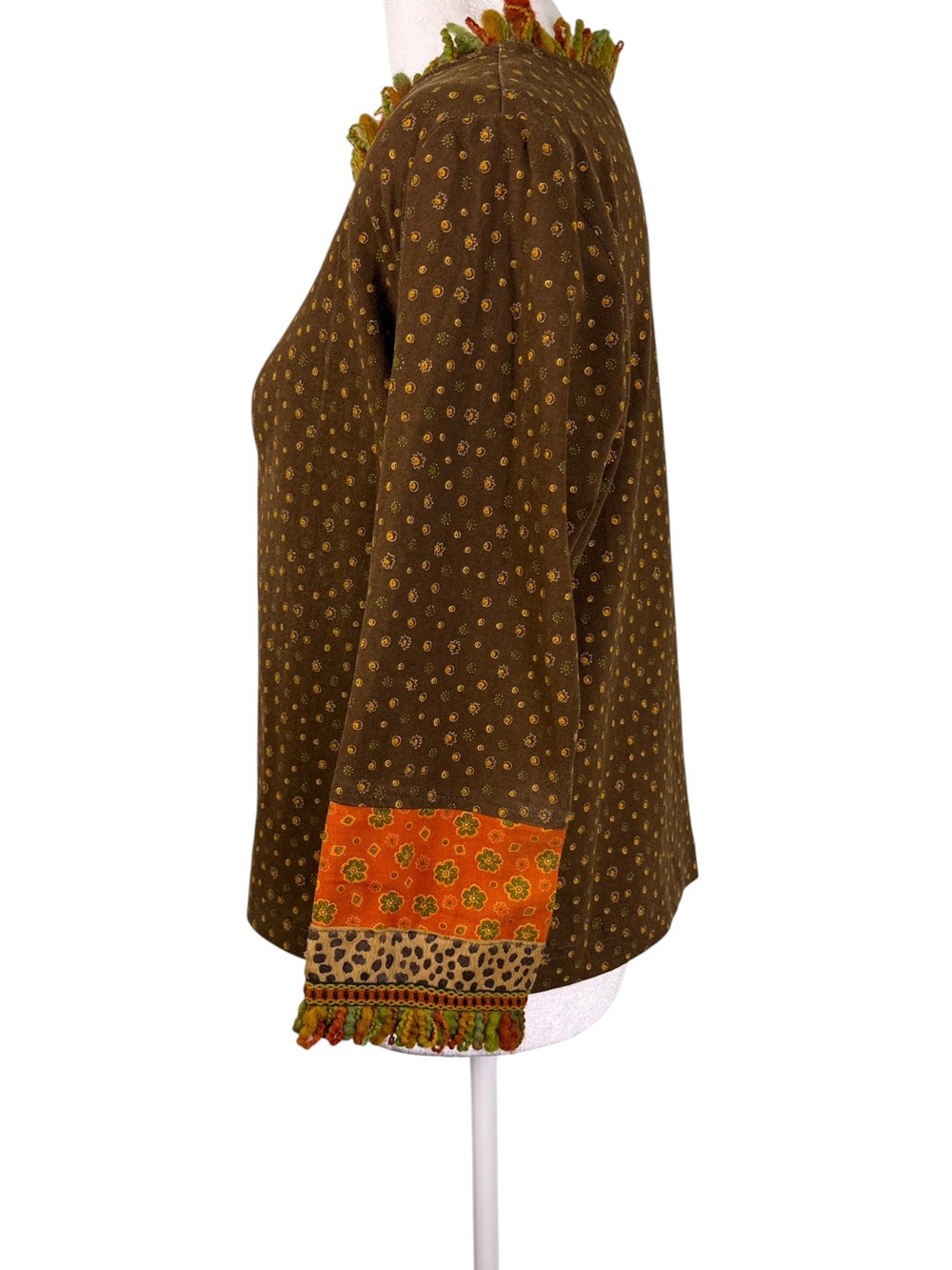 F.L. Malik Boho Mixed Print Fringe Trim Top Brown Orange Green M - Picture 6 of 10